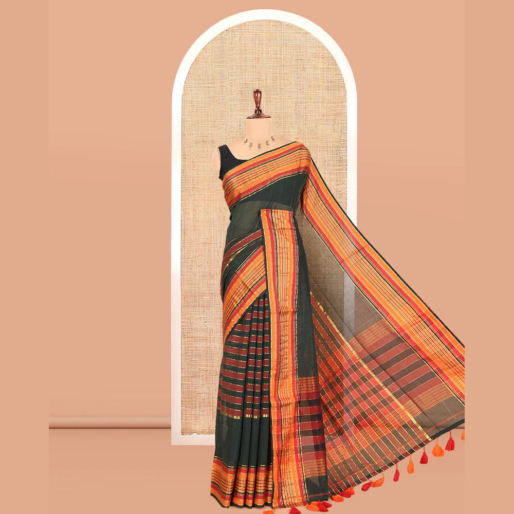 Pothys Green Striped Khadi Mul Cotton Saree, a Contrast Zari Striped Horizontal Border, and No Blouse